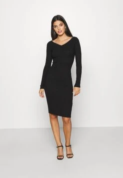 Even&Odd V Ausschnitt Ripp Mini Strickkleid - Etui-Jurk - Black